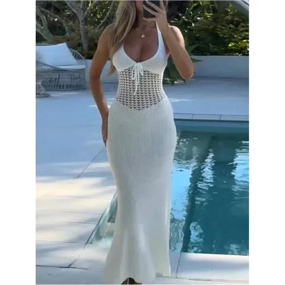Women's Knit Maxi Dress Hollow Out Backless Halter Beach Dress Small - Picture 5 of 5
